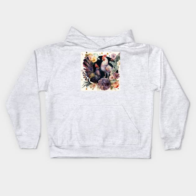Cute Watercolor Floral Rooster, Farm Animal, Kids Hoodie by Dream and Design